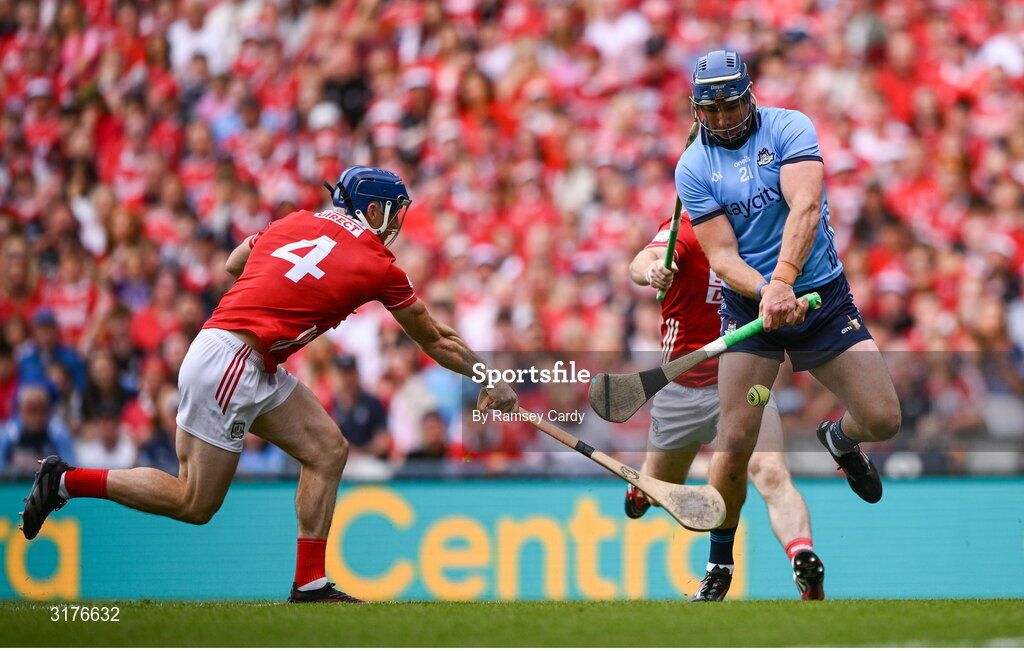 5 July 2025; John Hetherton of Dublin is blocked by Seán O'Donoghue of Cork during the GAA Hurling All-Ireland Senior Championship semi-final match between Cork and Dublin at Croke Park in Dublin. Photo by Ramsey Cardy/Sportsfile
