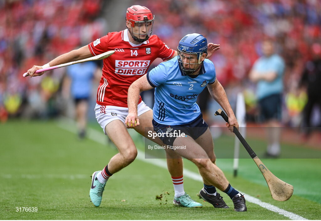 5 July 2025; John Bellew of Dublin in action against Alan Connolly of Cork during the GAA Hurling All-Ireland Senior Championship semi-final match between Cork and Dublin at Croke Park in Dublin. Photo by David Fitzgerald/Sportsfile