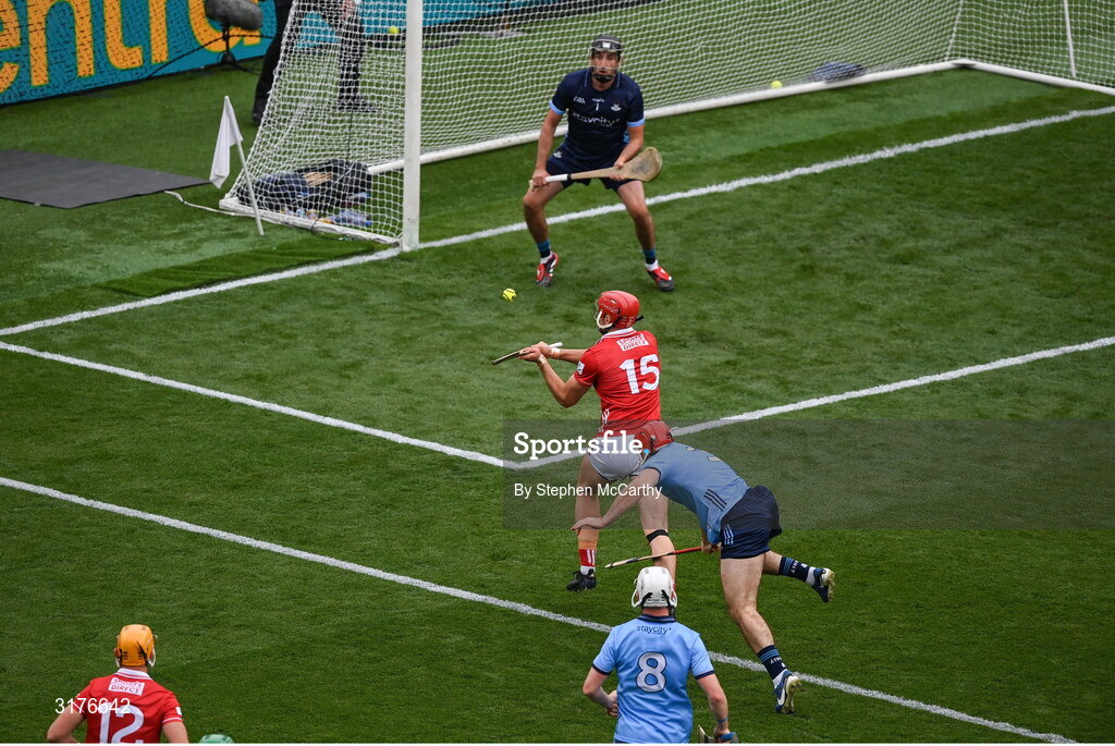 5 July 2025; Brian Hayes of Cork shoots to score his side's first goal past Dublin goalkeeper Sean Brennan during the GAA Hurling All-Ireland Senior Championship semi-final match between Cork and Dublin at Croke Park in Dublin. Photo by Stephen McCarthy/Sportsfile