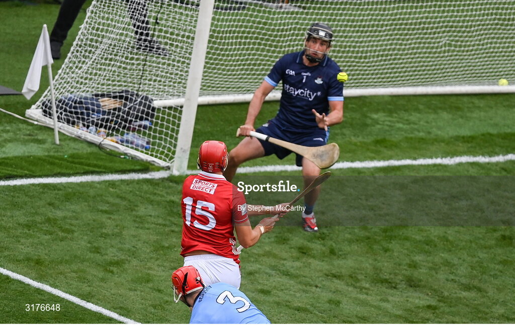 5 July 2025; Brian Hayes of Cork shoots to score his side's first goal past Dublin goalkeeper Sean Brennan during the GAA Hurling All-Ireland Senior Championship semi-final match between Cork and Dublin at Croke Park in Dublin. Photo by Stephen McCarthy/Sportsfile