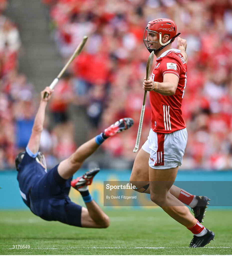 5 July 2025; Brian Hayes of Cork celebrates after scoring his side's first goal during the GAA Hurling All-Ireland Senior Championship semi-final match between Cork and Dublin at Croke Park in Dublin. Photo by David Fitzgerald/Sportsfile