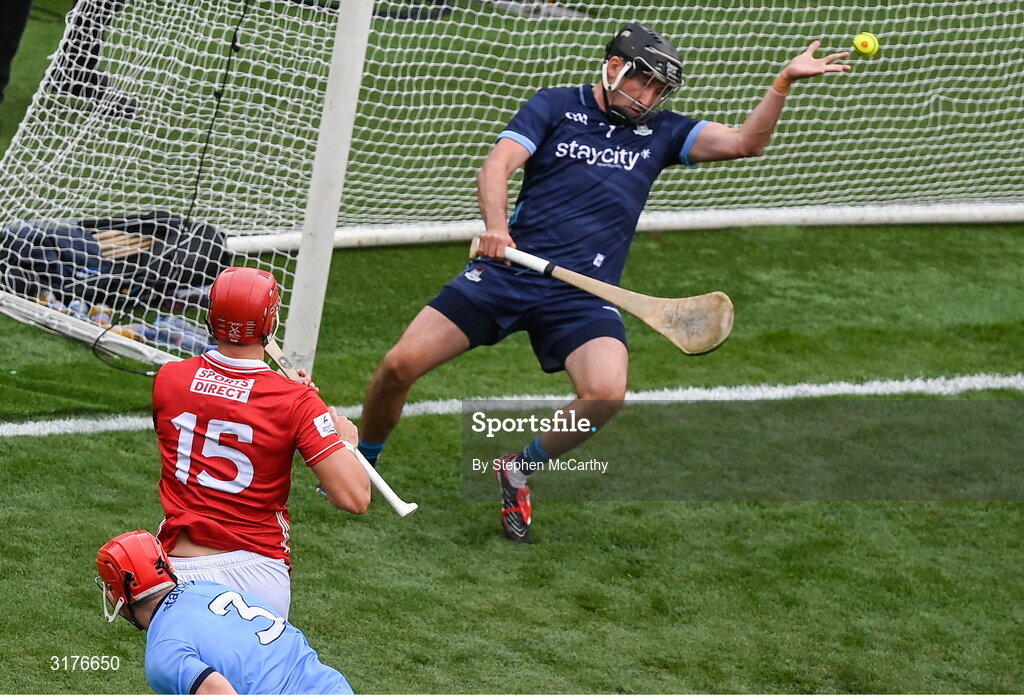 5 July 2025; Brian Hayes of Cork shoots to score his side's first goal past Dublin goalkeeper Sean Brennan during the GAA Hurling All-Ireland Senior Championship semi-final match between Cork and Dublin at Croke Park in Dublin. Photo by Stephen McCarthy/Sportsfile