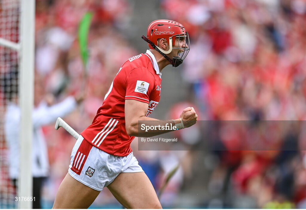 5 July 2025; Brian Hayes of Cork celebrates after scoring his side's first goal during the GAA Hurling All-Ireland Senior Championship semi-final match between Cork and Dublin at Croke Park in Dublin. Photo by David Fitzgerald/Sportsfile