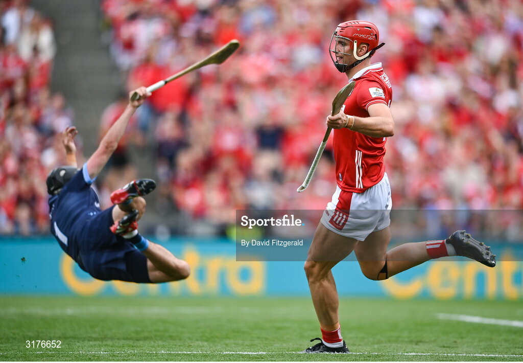 5 July 2025; Brian Hayes of Cork celebrates after scoring his side's first goal during the GAA Hurling All-Ireland Senior Championship semi-final match between Cork and Dublin at Croke Park in Dublin. Photo by David Fitzgerald/Sportsfile