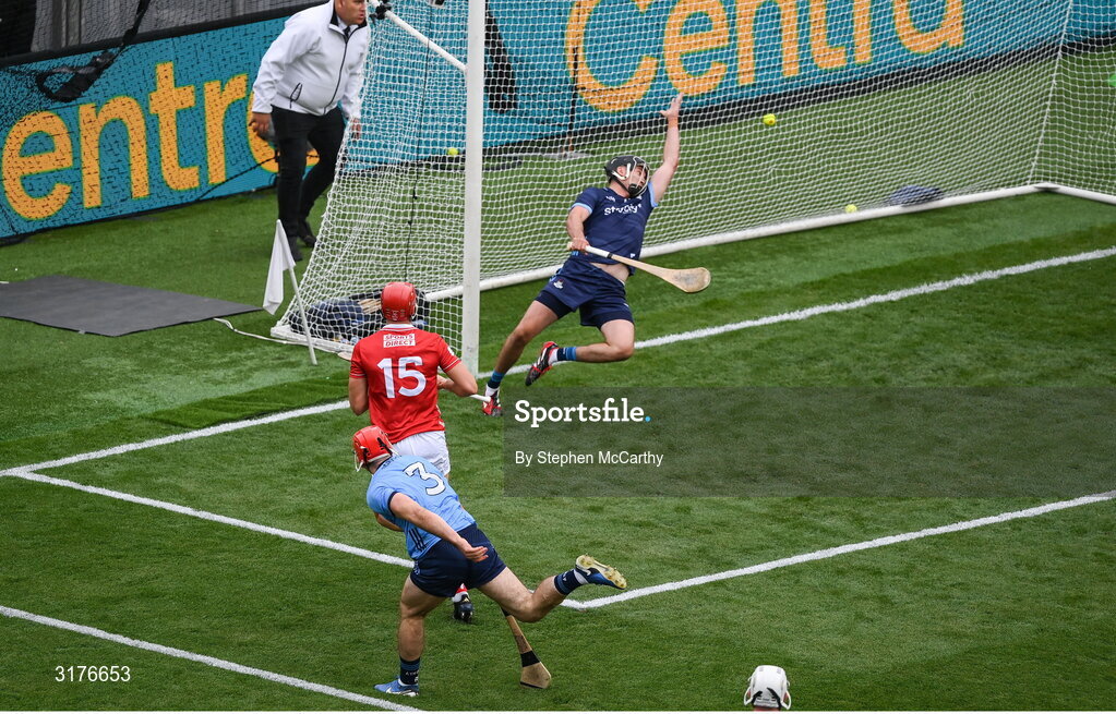 5 July 2025; Brian Hayes of Cork shoots to score his side's first goal past Dublin goalkeeper Sean Brennan during the GAA Hurling All-Ireland Senior Championship semi-final match between Cork and Dublin at Croke Park in Dublin. Photo by Stephen McCarthy/Sportsfile