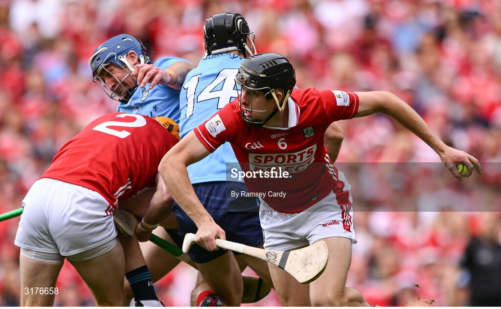 5 July 2025; Robert Downey of Cork during the GAA Hurling All-Ireland Senior Championship semi-final match between Cork and Dublin at Croke Park in Dublin. Photo by Ramsey Cardy/Sportsfile