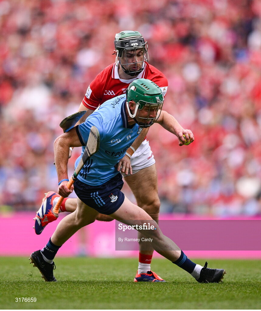 5 July 2025; Fergal Whitely of Dublin in action against Mark Coleman of Cork during the GAA Hurling All-Ireland Senior Championship semi-final match between Cork and Dublin at Croke Park in Dublin. Photo by Ramsey Cardy/Sportsfile