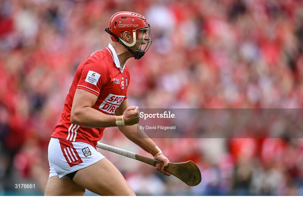5 July 2025; Brian Hayes of Cork celebrates after scoring his side's first goal during the GAA Hurling All-Ireland Senior Championship semi-final match between Cork and Dublin at Croke Park in Dublin. Photo by David Fitzgerald/Sportsfile