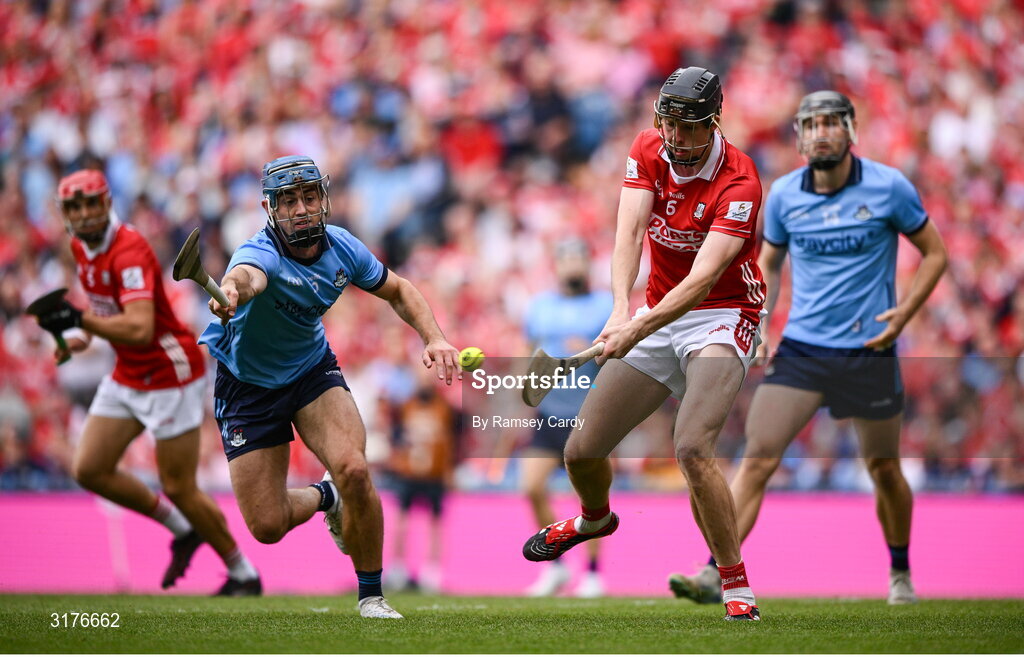 5 July 2025; Robert Downey of Cork in action against Riain McBride of Dublin during the GAA Hurling All-Ireland Senior Championship semi-final match between Cork and Dublin at Croke Park in Dublin. Photo by Ramsey Cardy/Sportsfile