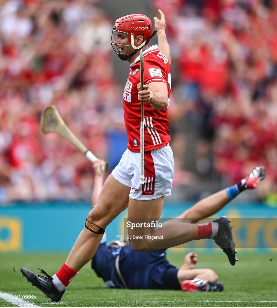5 July 2025; Brian Hayes of Cork celebrates after scoring his side's first goal during the GAA Hurling All-Ireland Senior Championship semi-final match between Cork and Dublin at Croke Park in Dublin. Photo by David Fitzgerald/Sportsfile