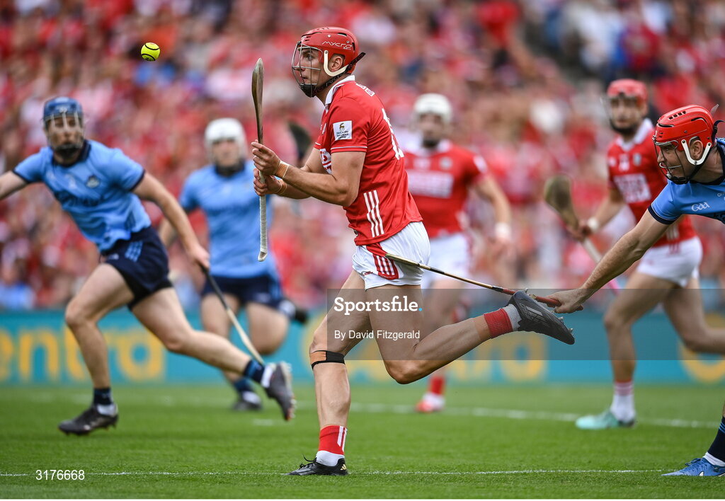 5 July 2025; Brian Hayes of Cork shoots to score his side's first goal during the GAA Hurling All-Ireland Senior Championship semi-final match between Cork and Dublin at Croke Park in Dublin. Photo by David Fitzgerald/Sportsfile