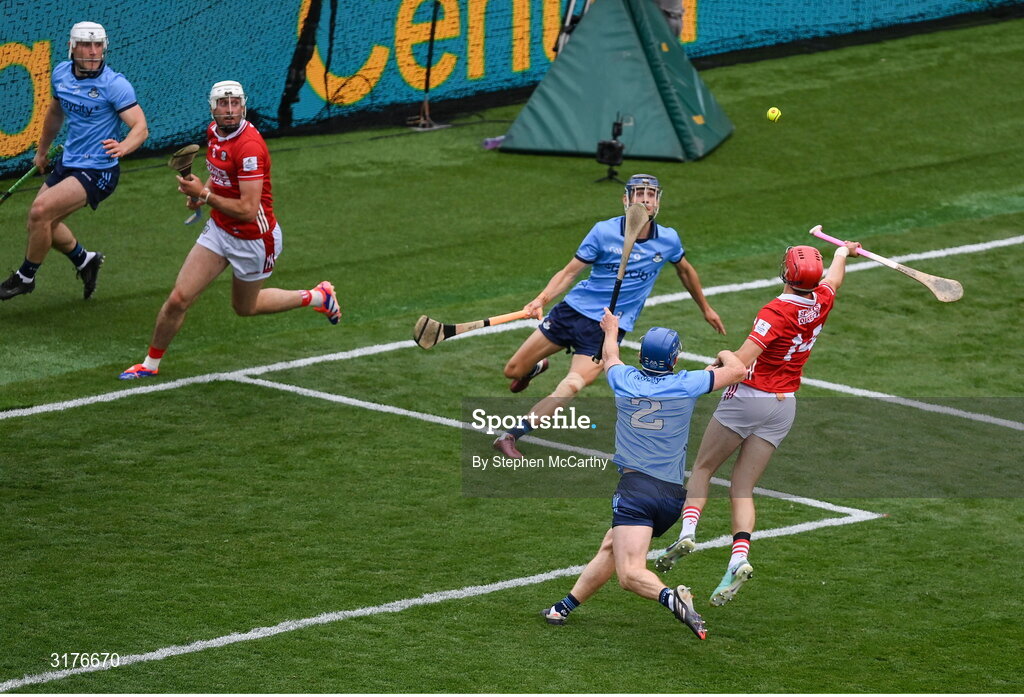 5 July 2025; Alan Connolly of Cork shoots to score his side's third goal during the GAA Hurling All-Ireland Senior Championship semi-final match between Cork and Dublin at Croke Park in Dublin. Photo by Stephen McCarthy/Sportsfile