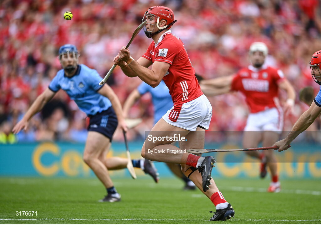5 July 2025; Brian Hayes of Cork shoots to score his side's first goal during the GAA Hurling All-Ireland Senior Championship semi-final match between Cork and Dublin at Croke Park in Dublin. Photo by David Fitzgerald/Sportsfile