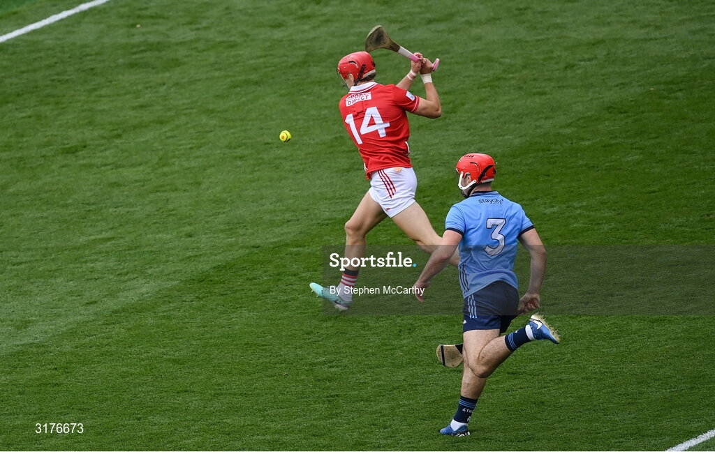 5 July 2025; Alan Connolly of Cork shoots to score his side's second goal during the GAA Hurling All-Ireland Senior Championship semi-final match between Cork and Dublin at Croke Park in Dublin. Photo by Stephen McCarthy/Sportsfile