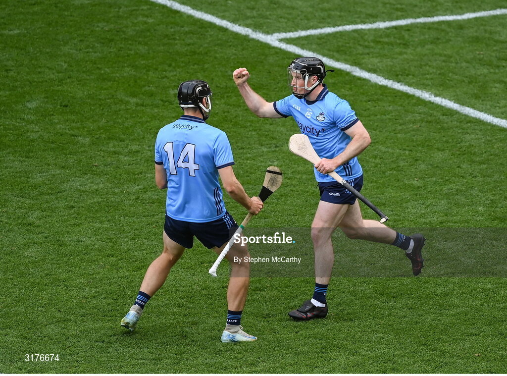 5 July 2025; Dublin's Cian O'Sullivan, right, celebrates with team-mate Ronan Hayes after scoring their side's first goal during the GAA Hurling All-Ireland Senior Championship semi-final match between Cork and Dublin at Croke Park in Dublin. Photo by Stephen McCarthy/Sportsfile
