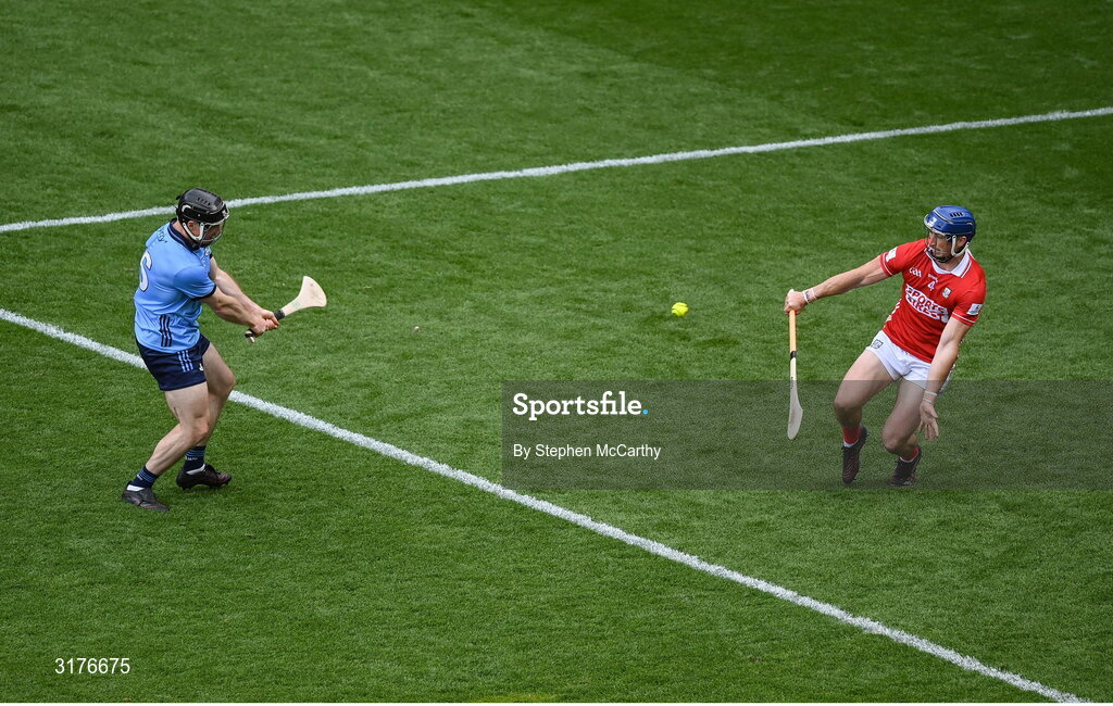 5 July 2025; Cian O'Sullivan of Dublin shoots to score his side's first goal during the GAA Hurling All-Ireland Senior Championship semi-final match between Cork and Dublin at Croke Park in Dublin. Photo by Stephen McCarthy/Sportsfile