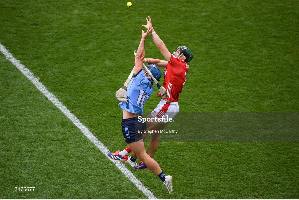 5 July 2025; Riain McBride of Dublin in action against Mark Coleman of Cork during the GAA Hurling All-Ireland Senior Championship semi-final match between Cork and Dublin at Croke Park in Dublin. Photo by Stephen McCarthy/Sportsfile