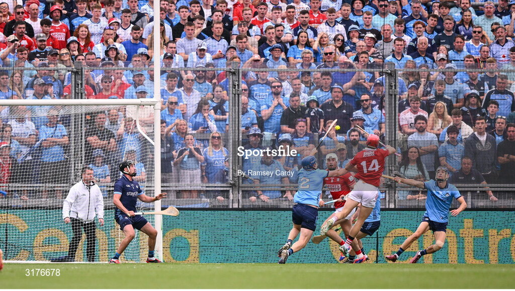 5 July 2025; Alan Connolly of Cork, 14, scores his side's third goal during the GAA Hurling All-Ireland Senior Championship semi-final match between Cork and Dublin at Croke Park in Dublin. Photo by Ramsey Cardy/Sportsfile