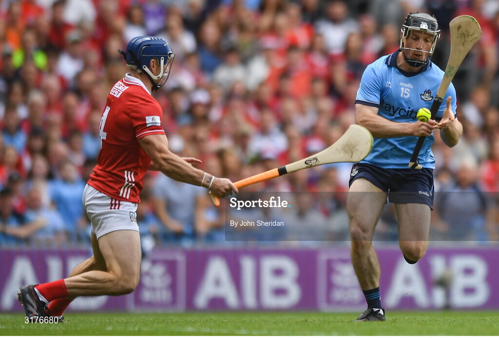 5 July 2025; Cian O'Sullivan of Dublin in action against Seán O'Donoghue of Cork during the GAA Hurling All-Ireland Senior Championship semi-final match between Cork and Dublin at Croke Park in Dublin. Photo by John Sheridan/Sportsfile