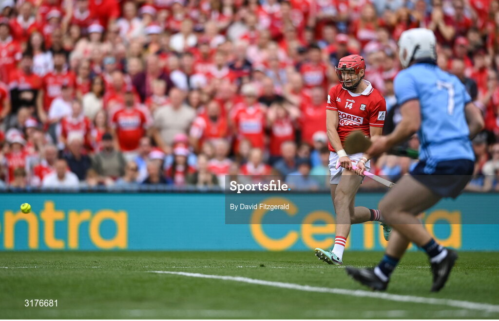 5 July 2025; Alan Connolly of Cork shoots to score his side's second goal during the GAA Hurling All-Ireland Senior Championship semi-final match between Cork and Dublin at Croke Park in Dublin. Photo by David Fitzgerald/Sportsfile