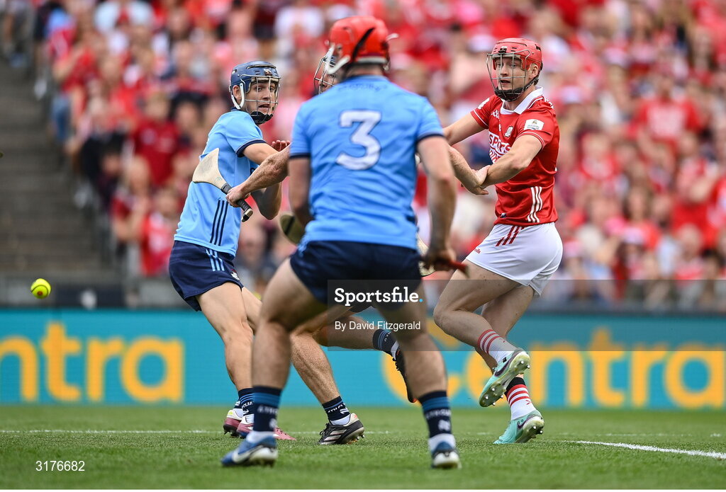 5 July 2025; Alan Connolly of Cork shoots to score his side's third goal during the GAA Hurling All-Ireland Senior Championship semi-final match between Cork and Dublin at Croke Park in Dublin. Photo by David Fitzgerald/Sportsfile