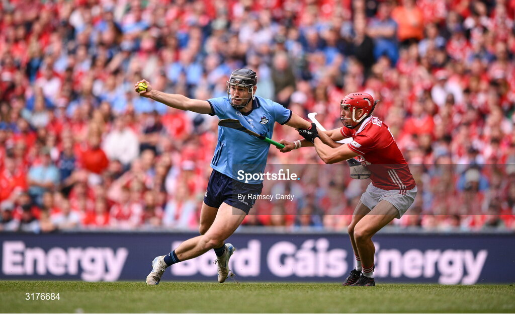 5 July 2025; Ronan Hayes of Dublin in action against Ciarán Joyce of Cork during the GAA Hurling All-Ireland Senior Championship semi-final match between Cork and Dublin at Croke Park in Dublin. Photo by Ramsey Cardy/Sportsfile