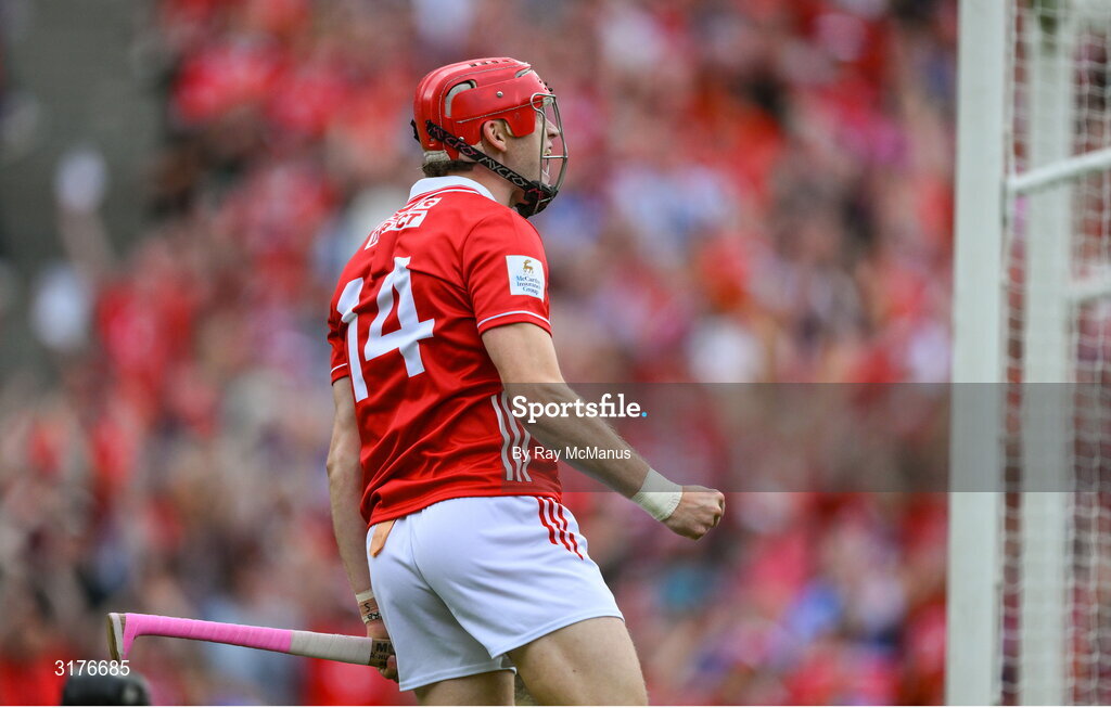 5 July 2025; Alan Connolly of Cork celebrates scoring his side's third goal, in the 12th minute, during the GAA Hurling All-Ireland Senior Championship semi-final match between Cork and Dublin at Croke Park in Dublin. Photo by Ray McManus/Sportsfile
