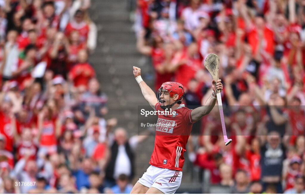 5 July 2025; Alan Connolly of Cork celebrates after scoring his side's second goal during the GAA Hurling All-Ireland Senior Championship semi-final match between Cork and Dublin at Croke Park in Dublin. Photo by David Fitzgerald/Sportsfile