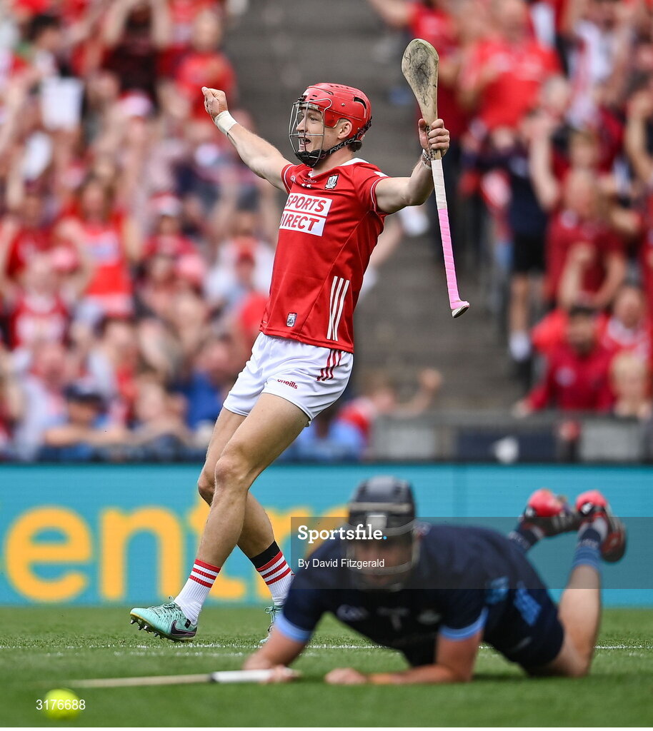5 July 2025; Alan Connolly of Cork celebrates after scoring his side's second goal during the GAA Hurling All-Ireland Senior Championship semi-final match between Cork and Dublin at Croke Park in Dublin. Photo by David Fitzgerald/Sportsfile