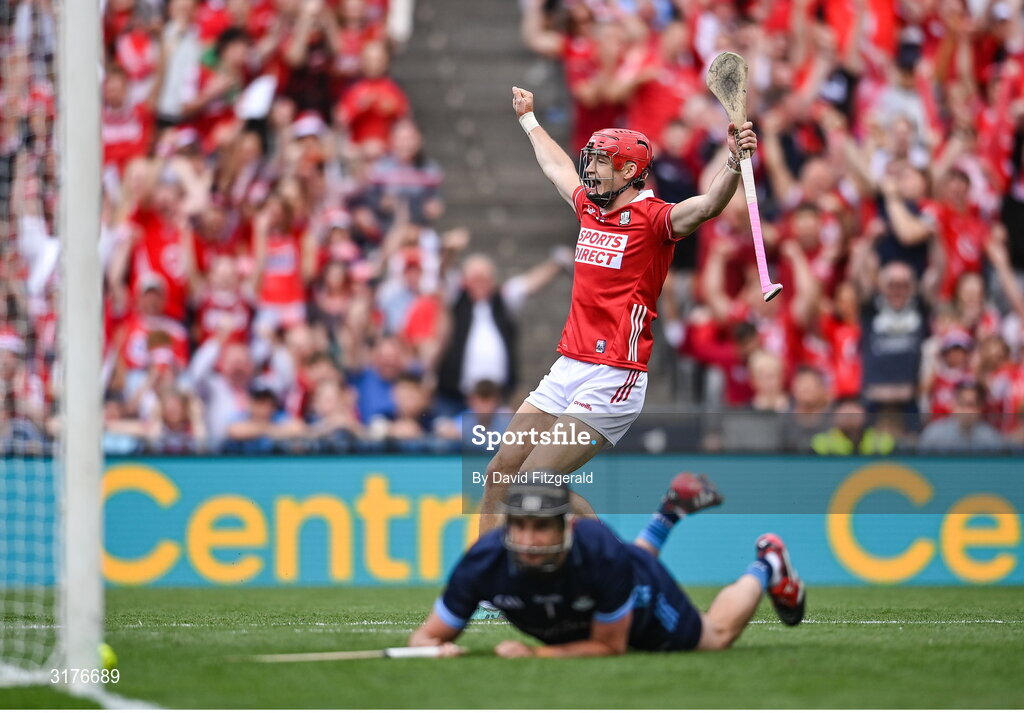5 July 2025; Alan Connolly of Cork celebrates after scoring his side's second goal during the GAA Hurling All-Ireland Senior Championship semi-final match between Cork and Dublin at Croke Park in Dublin. Photo by David Fitzgerald/Sportsfile