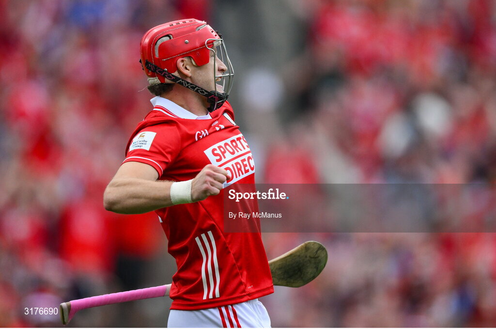 5 July 2025; Alan Connolly of Cork celebrates scoring his side's third goal, in the 12th minute, during the GAA Hurling All-Ireland Senior Championship semi-final match between Cork and Dublin at Croke Park in Dublin. Photo by Ray McManus/Sportsfile