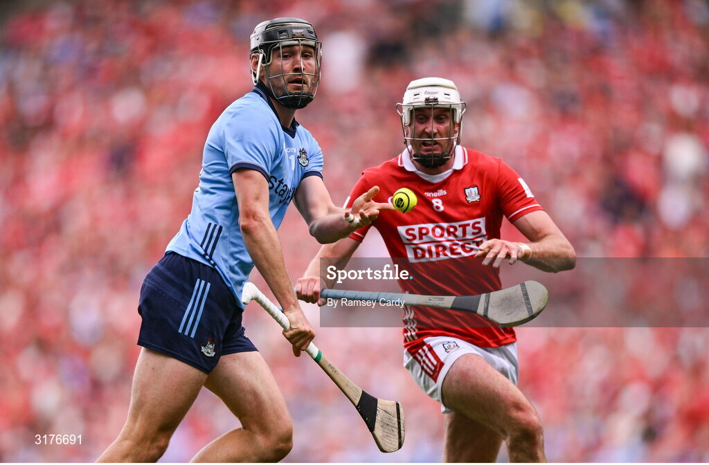 5 July 2025; Ronan Hayes of Dublin in action against Tim O'Mahony of Cork during the GAA Hurling All-Ireland Senior Championship semi-final match between Cork and Dublin at Croke Park in Dublin. Photo by Ramsey Cardy/Sportsfile