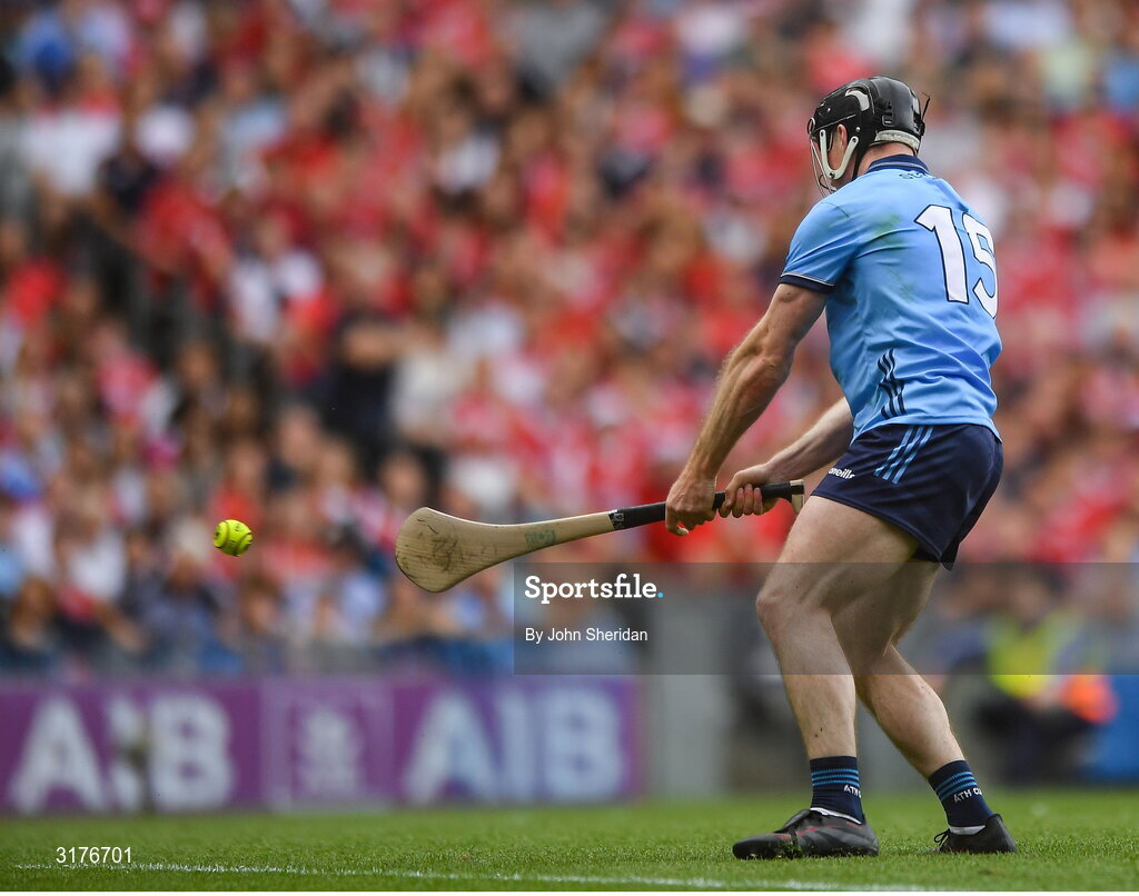 5 July 2025; Cian O'Sullivan of Dublin shoots to score his side's first goal during the GAA Hurling All-Ireland Senior Championship semi-final match between Cork and Dublin at Croke Park in Dublin. Photo by John Sheridan/Sportsfile