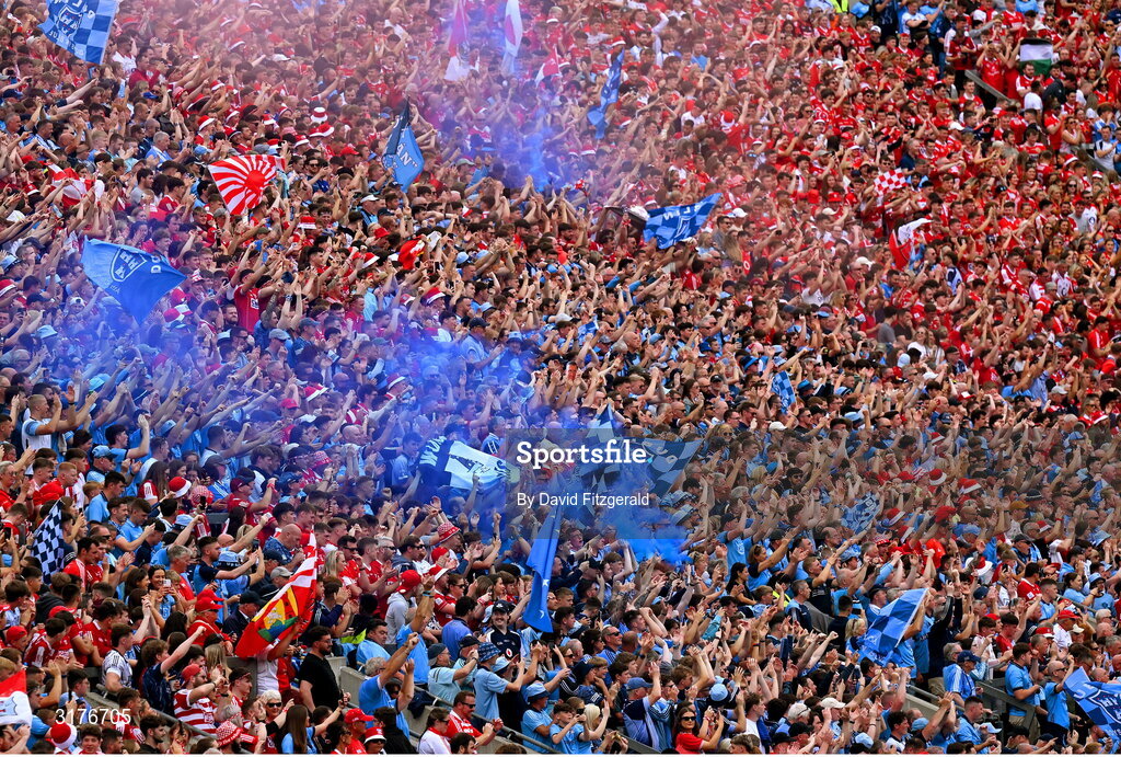 5 July 2025; Supporters in Hill 16 during the GAA Hurling All-Ireland Senior Championship semi-final match between Cork and Dublin at Croke Park in Dublin. Photo by David Fitzgerald/Sportsfile