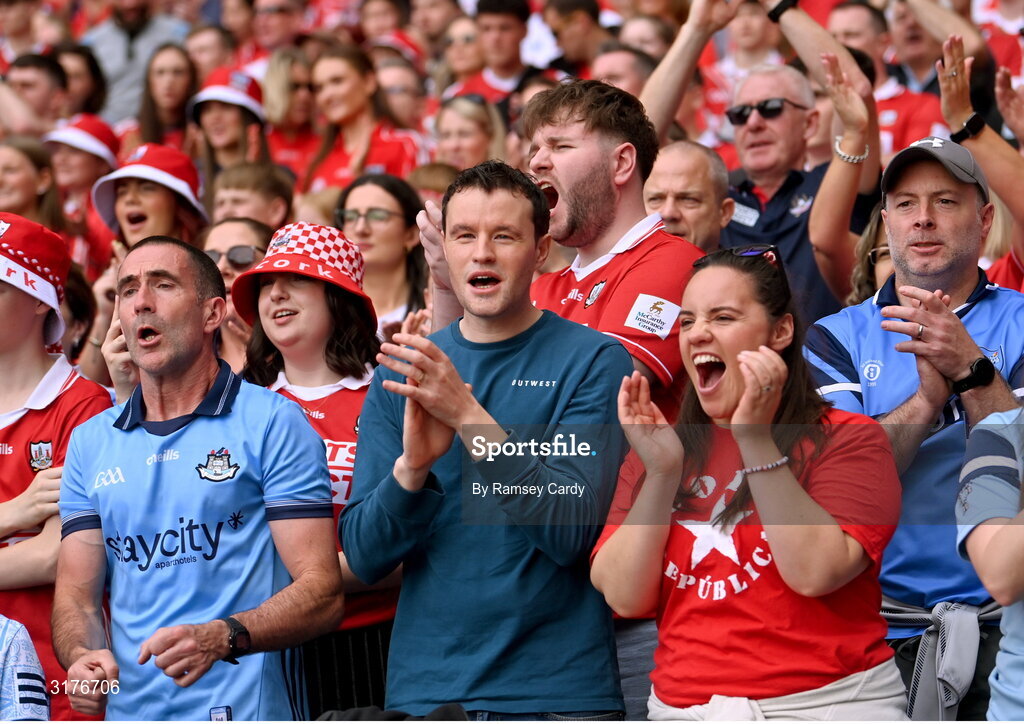 5 July 2025; Supporters during the GAA Hurling All-Ireland Senior Championship semi-final match between Cork and Dublin at Croke Park in Dublin. Photo by Ramsey Cardy/Sportsfile