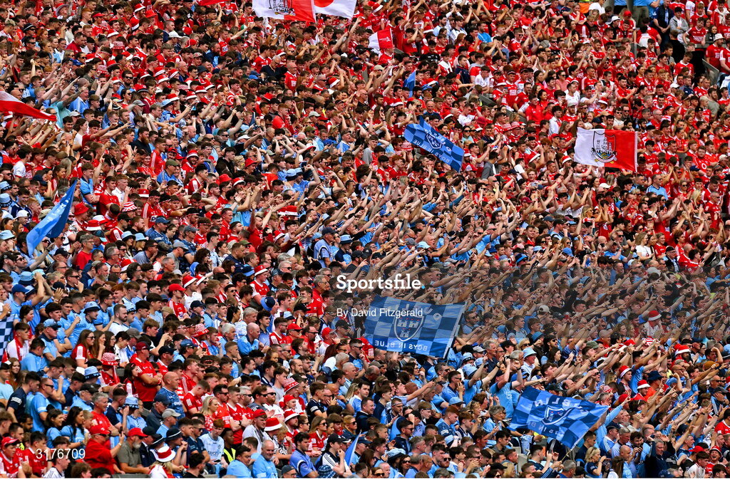 5 July 2025; Supporters in Hill 16 during the GAA Hurling All-Ireland Senior Championship semi-final match between Cork and Dublin at Croke Park in Dublin. Photo by David Fitzgerald/Sportsfile