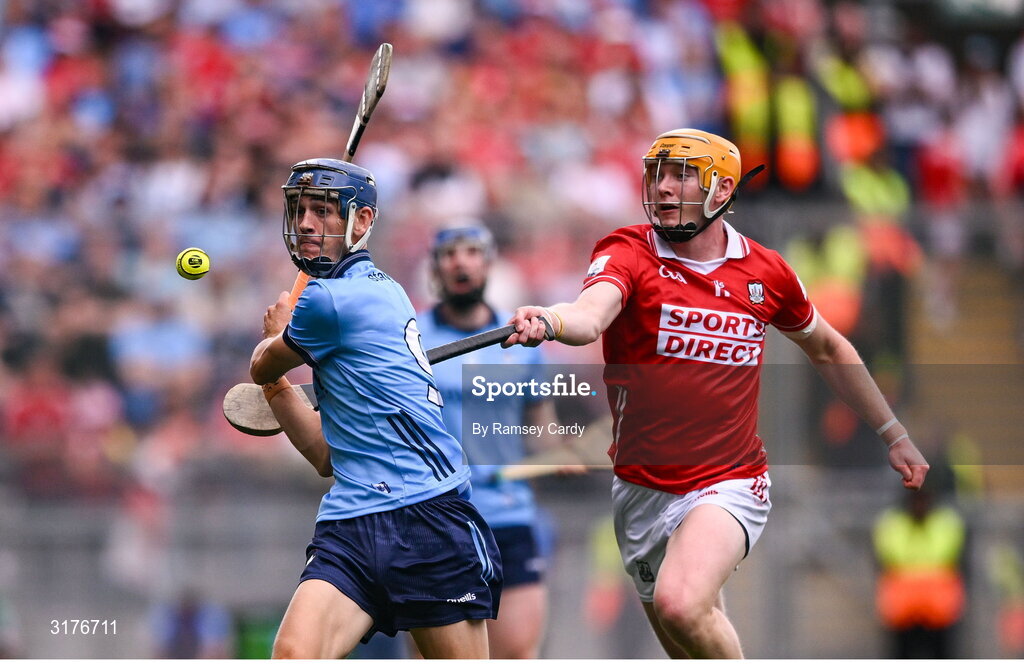 5 July 2025; Brian Hayes of Dublin in action against Shane Barrett of Cork during the GAA Hurling All-Ireland Senior Championship semi-final match between Cork and Dublin at Croke Park in Dublin. Photo by Ramsey Cardy/Sportsfile