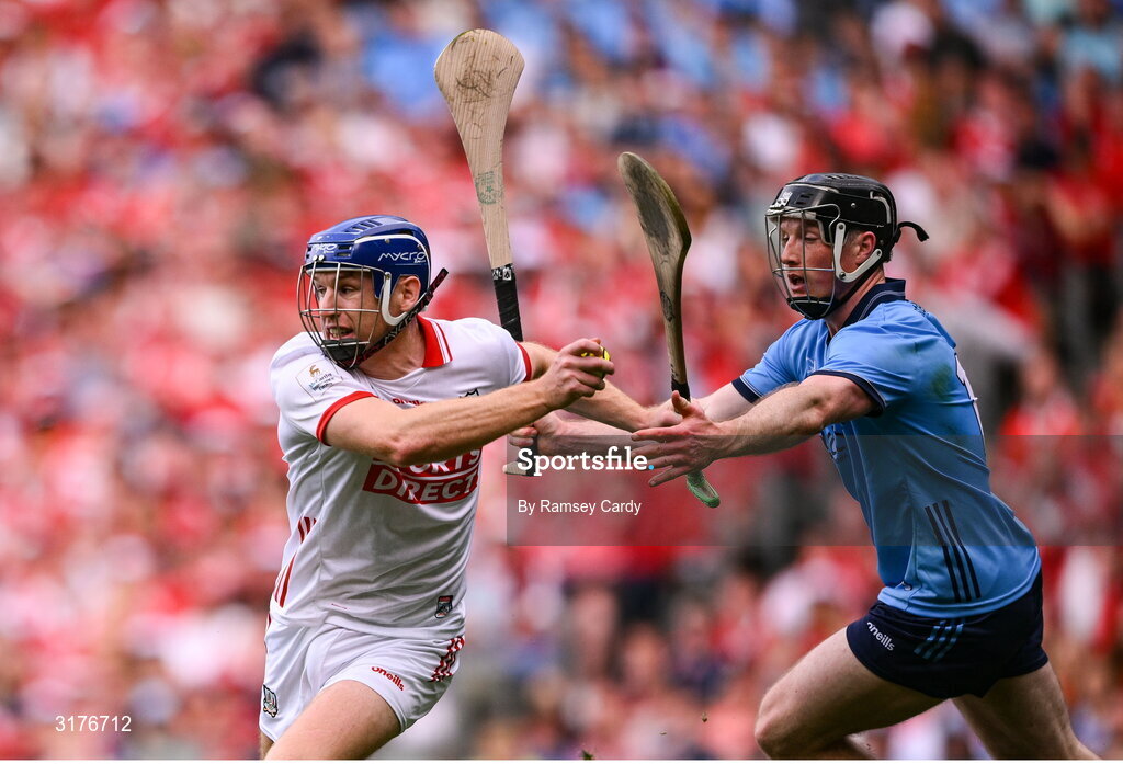 5 July 2025; Cork goalkeeper Patrick Collins in action against Cian O'Sullivan of Dublin during the GAA Hurling All-Ireland Senior Championship semi-final match between Cork and Dublin at Croke Park in Dublin. Photo by Ramsey Cardy/Sportsfile