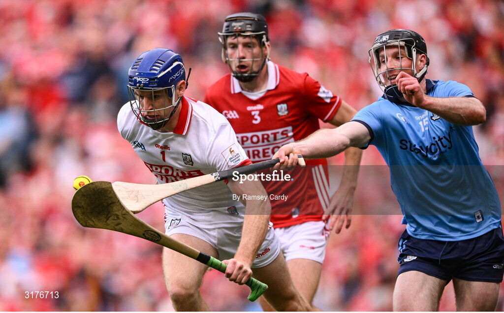 5 July 2025; Cork goalkeeper Patrick Collins in action against Cian O'Sullivan of Dublin during the GAA Hurling All-Ireland Senior Championship semi-final match between Cork and Dublin at Croke Park in Dublin. Photo by Ramsey Cardy/Sportsfile