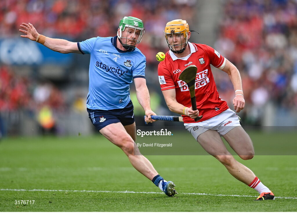 5 July 2025; Shane Barrett of Cork in action against Conor McHugh of Dublin during the GAA Hurling All-Ireland Senior Championship semi-final match between Cork and Dublin at Croke Park in Dublin. Photo by David Fitzgerald/Sportsfile