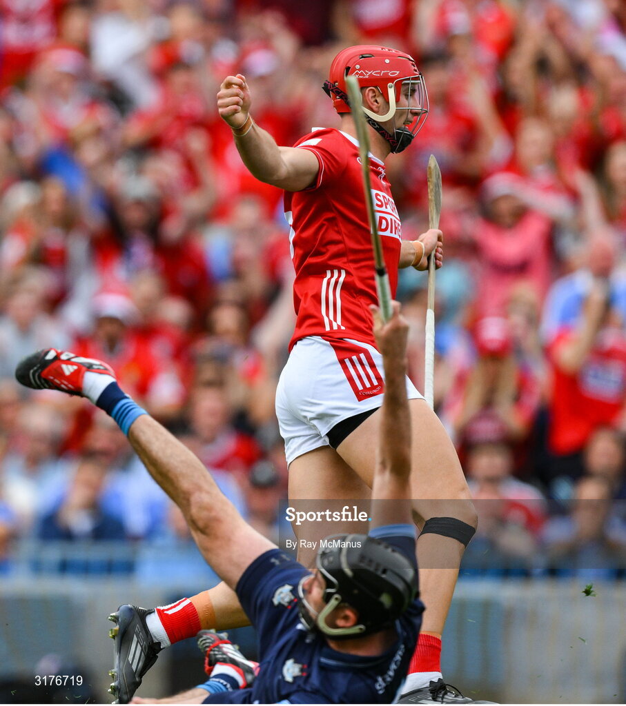 5 July 2025; Brian Hayes of Cork celebrates scoring a goal, in the 7th minute, during the GAA Hurling All-Ireland Senior Championship semi-final match between Cork and Dublin at Croke Park in Dublin. Photo by Ray McManus/Sportsfile