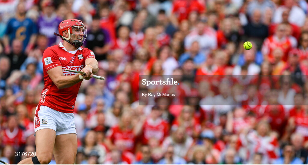 5 July 2025; Brian Hayes of Cork shoots to score his side's first goal, in the seventh minute, during the GAA Hurling All-Ireland Senior Championship semi-final match between Cork and Dublin at Croke Park in Dublin. Photo by Ray McManus/Sportsfile