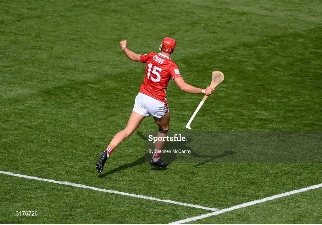 5 July 2025; Brian Hayes of Cork celebrates after scoring his side's fourth goal during the GAA Hurling All-Ireland Senior Championship semi-final match between Cork and Dublin at Croke Park in Dublin. Photo by Stephen McCarthy/Sportsfile