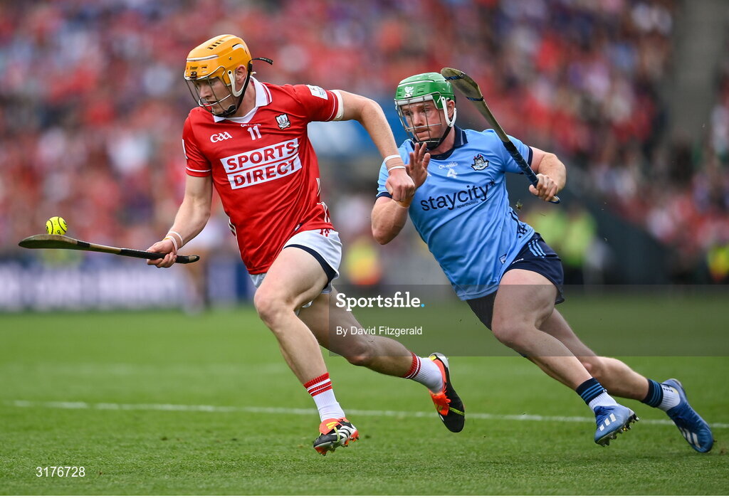 5 July 2025; Shane Barrett of Cork in action against Conor McHugh of Dublin during the GAA Hurling All-Ireland Senior Championship semi-final match between Cork and Dublin at Croke Park in Dublin. Photo by David Fitzgerald/Sportsfile