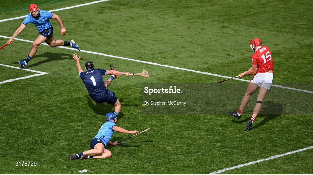 5 July 2025; Brian Hayes of Cork shoots to score his side's fourth goal past Dublin goalkeeper Sean Brennan during the GAA Hurling All-Ireland Senior Championship semi-final match between Cork and Dublin at Croke Park in Dublin. Photo by Stephen McCarthy/Sportsfile