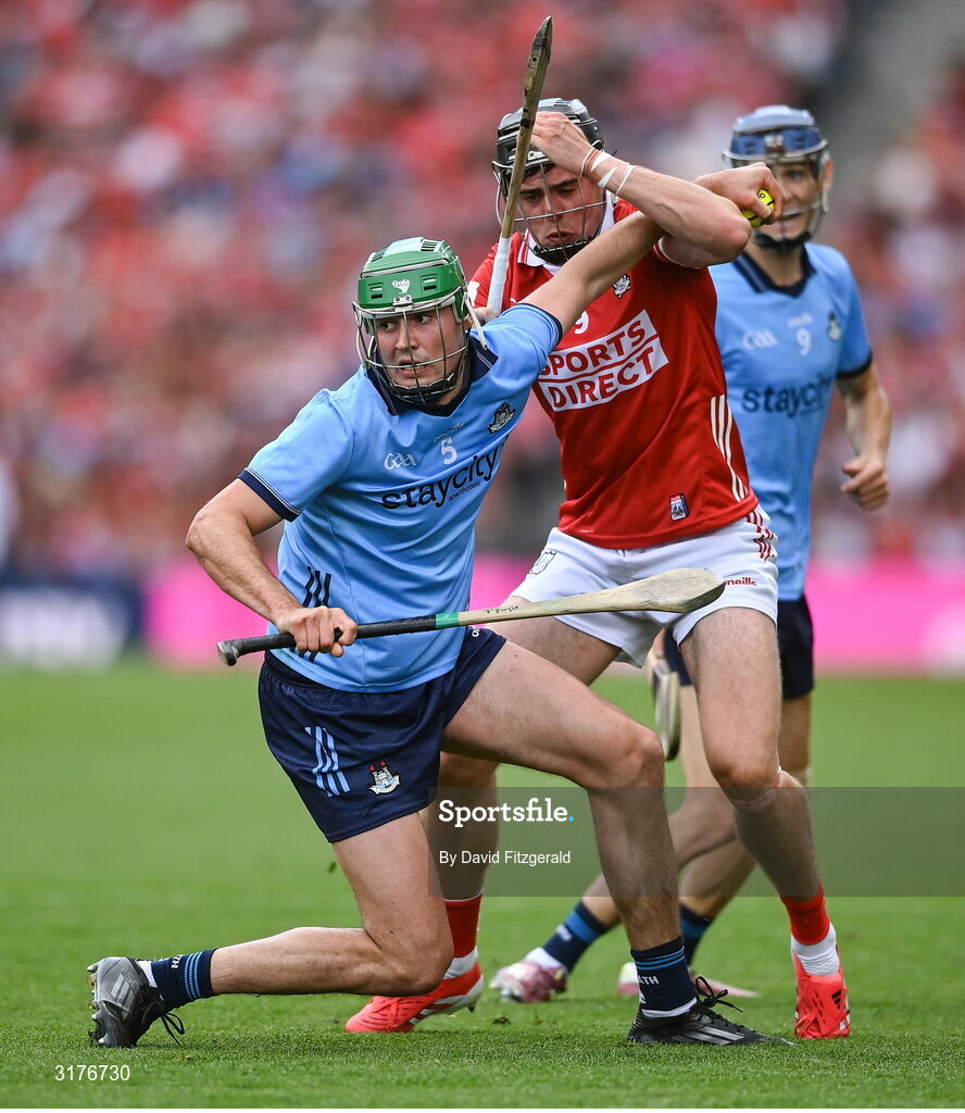5 July 2025; Paddy Doyle of Dublin in action against Darragh Fitzgibbon of Cork during the GAA Hurling All-Ireland Senior Championship semi-final match between Cork and Dublin at Croke Park in Dublin. Photo by David Fitzgerald/Sportsfile