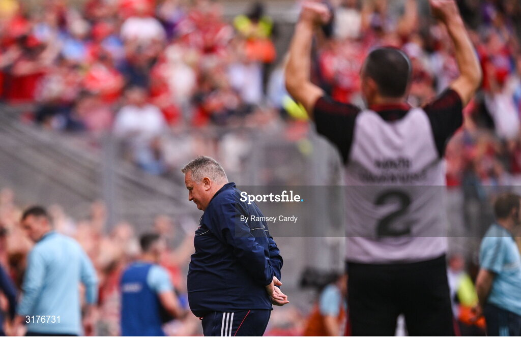 5 July 2025; Cork manager Pat Ryan reacts to his side's fourth goal during the GAA Hurling All-Ireland Senior Championship semi-final match between Cork and Dublin at Croke Park in Dublin. Photo by Ramsey Cardy/Sportsfile