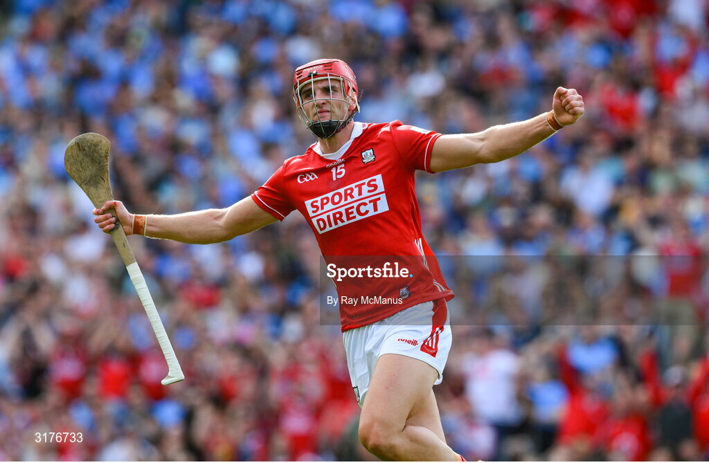 5 July 2025; Brian Hayes of Cork celebrates scoring his side's 4th goal, in the 32nd minute, during the GAA Hurling All-Ireland Senior Championship semi-final match between Cork and Dublin at Croke Park in Dublin. Photo by Ray McManus/Sportsfile