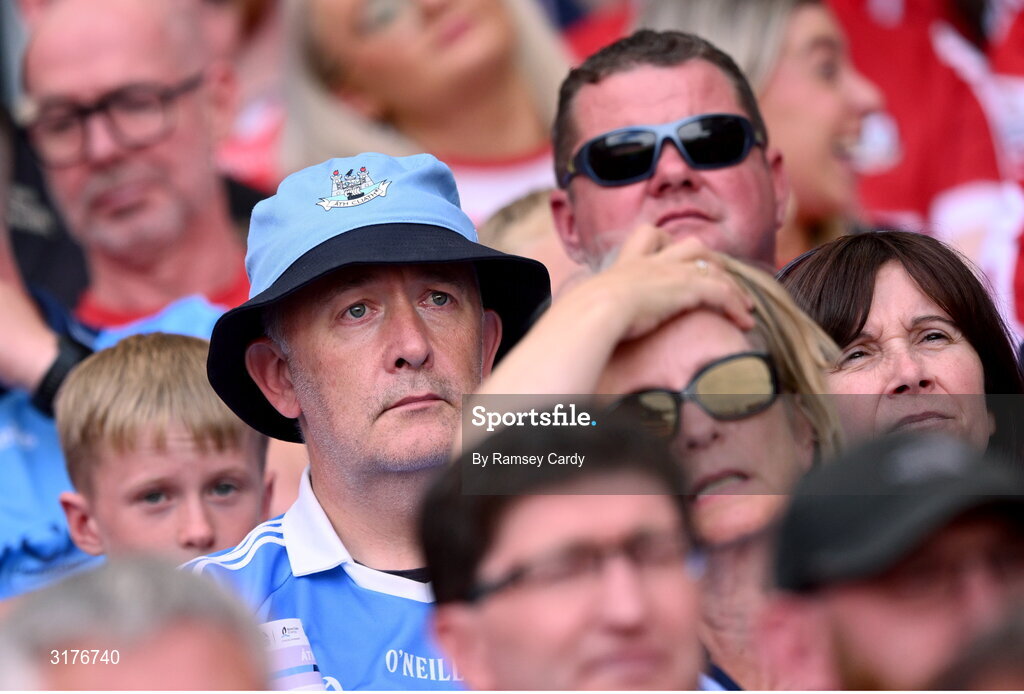5 July 2025; Dublin supporters dejected during the GAA Hurling All-Ireland Senior Championship semi-final match between Cork and Dublin at Croke Park in Dublin. Photo by Ramsey Cardy/Sportsfile
