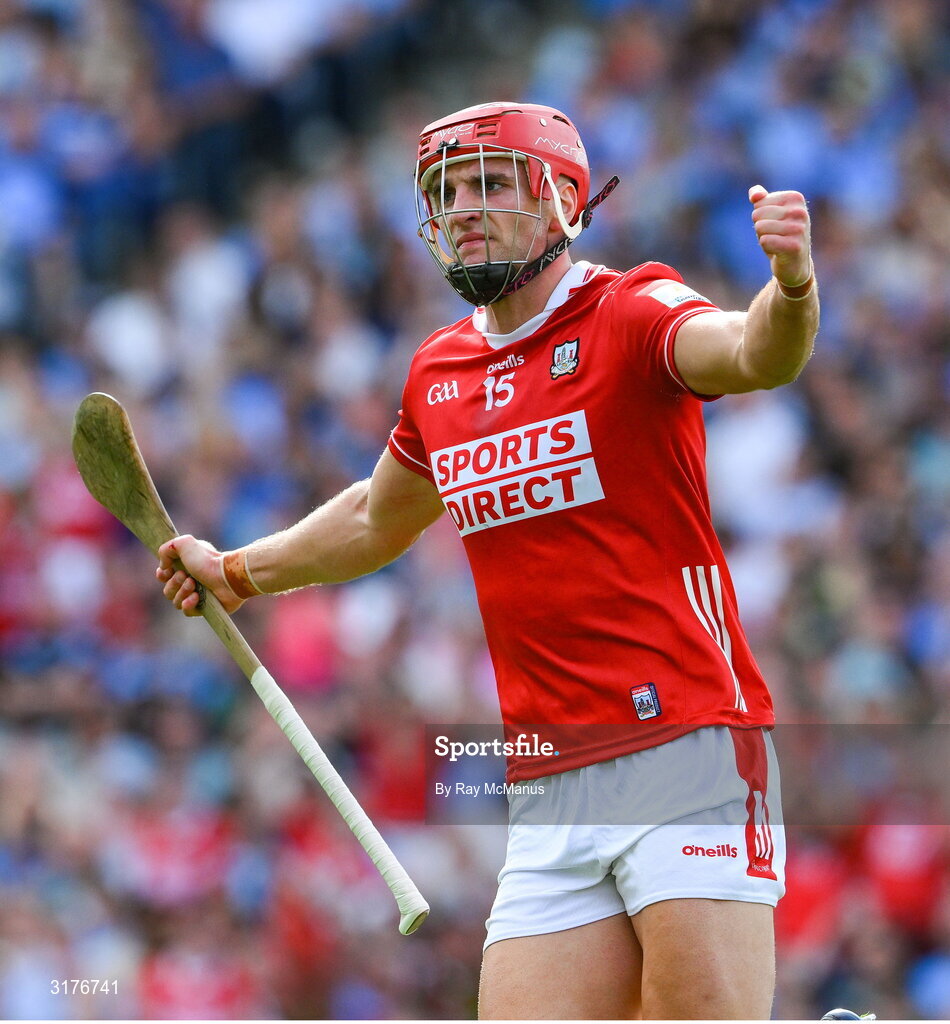 5 July 2025; Brian Hayes of Cork celebrates scoring his side's 4th goal, in the 32nd minute, during the GAA Hurling All-Ireland Senior Championship semi-final match between Cork and Dublin at Croke Park in Dublin. Photo by Ray McManus/Sportsfile